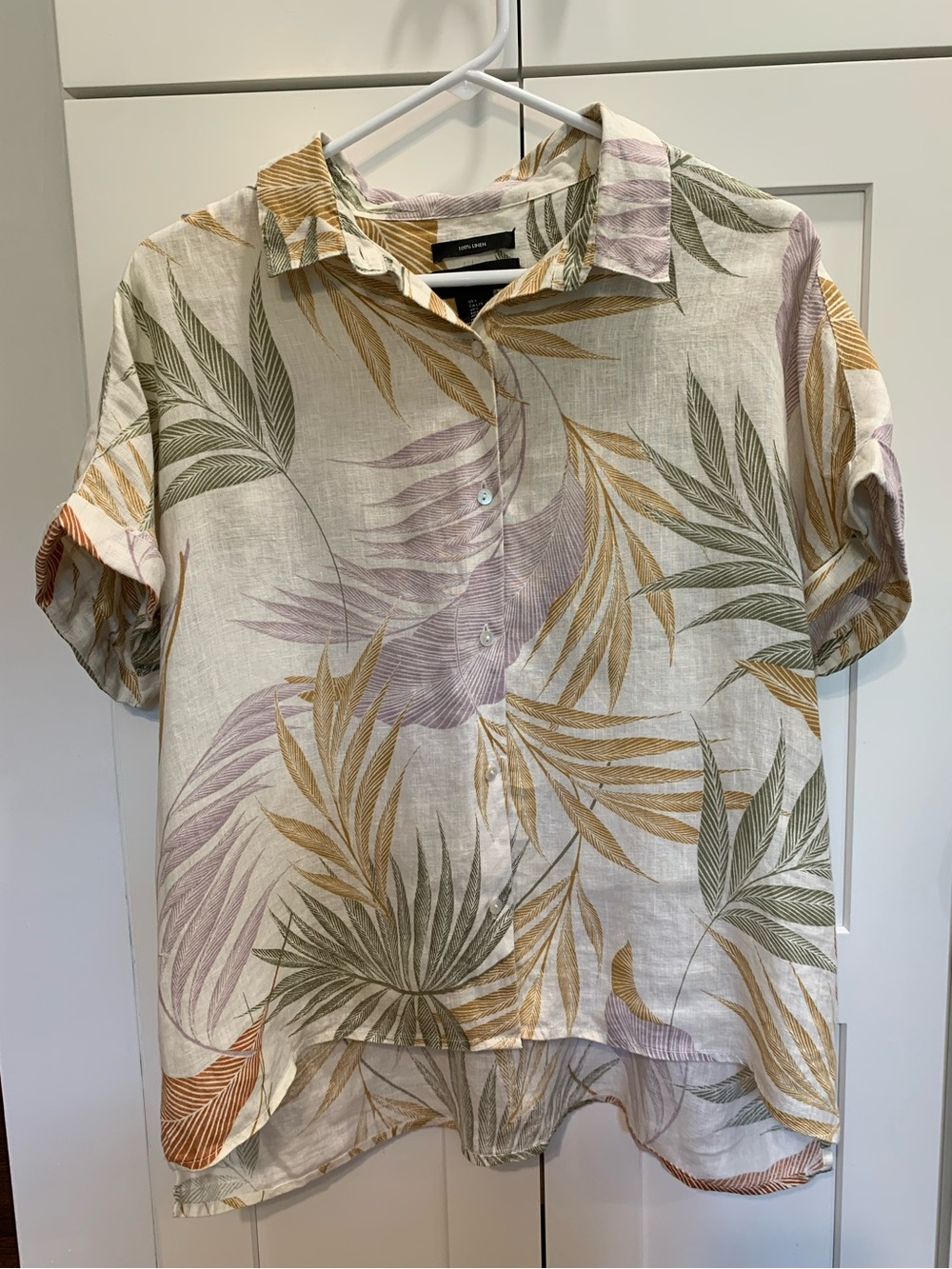 TAHARI Linen Botanical Print Top Womens L Short Sleeve Button Down Summer Casual